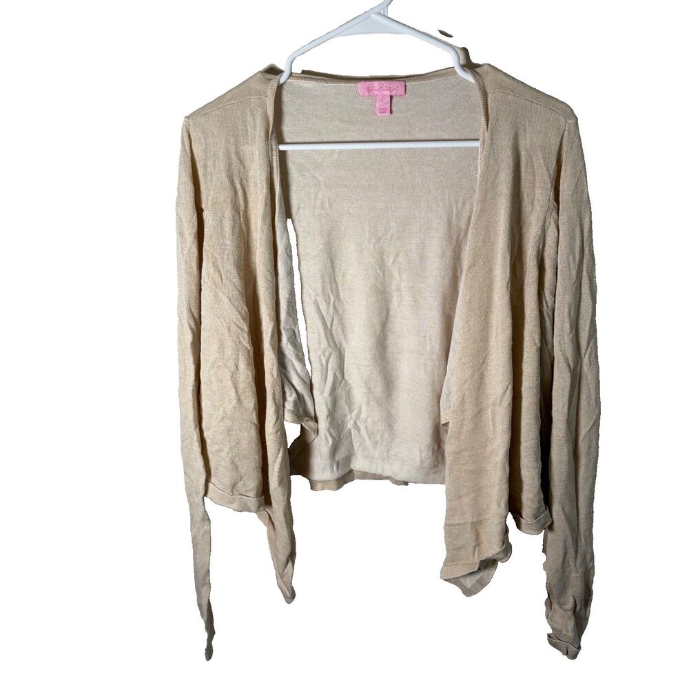 Lilly Pulitzer Cardigan Women's Large Metallic Beige Cropped Open Sweater Knit
